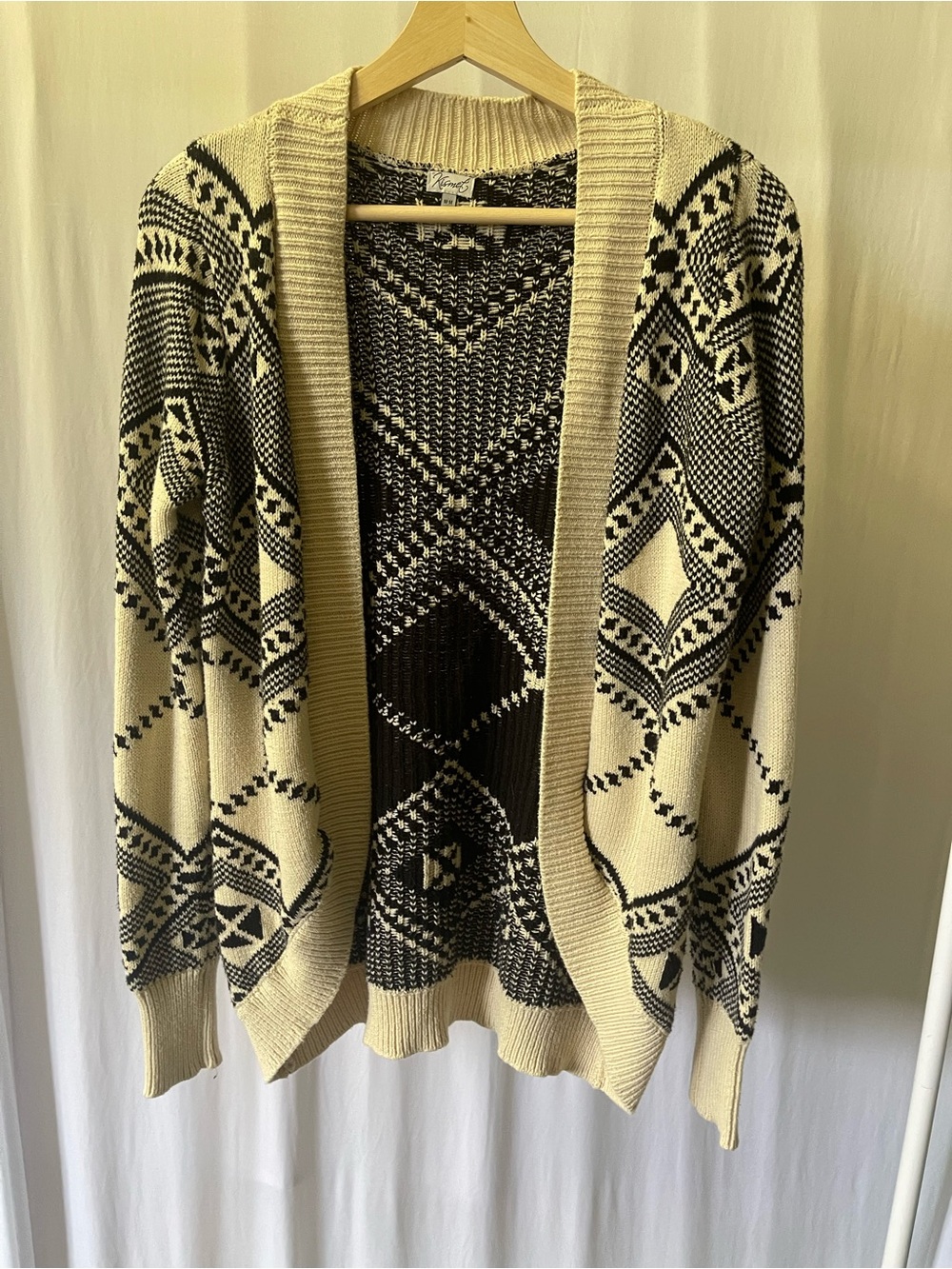 Women’s Ivory and Black Patterned Open-Front Sweater Cardigan